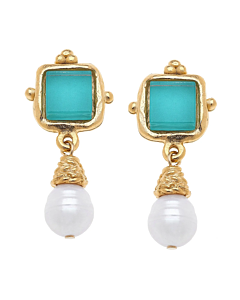 SUSAN SHAW TEAL AND PEARL DROP EARRINGS