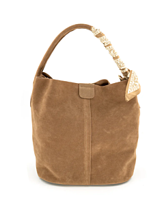 FAUX SUEDE BUCKET BAG WITH SCARF TAN
