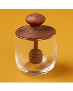 MINI TEAK AND GLASS HONEY JAR