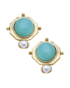 SUSAN SHAW AQUA AND PEARL STUD EARRINGS
