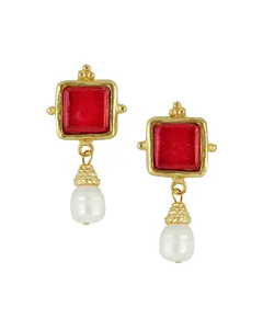 SUSAN SHAW RED PEARL DROP EARRINGS